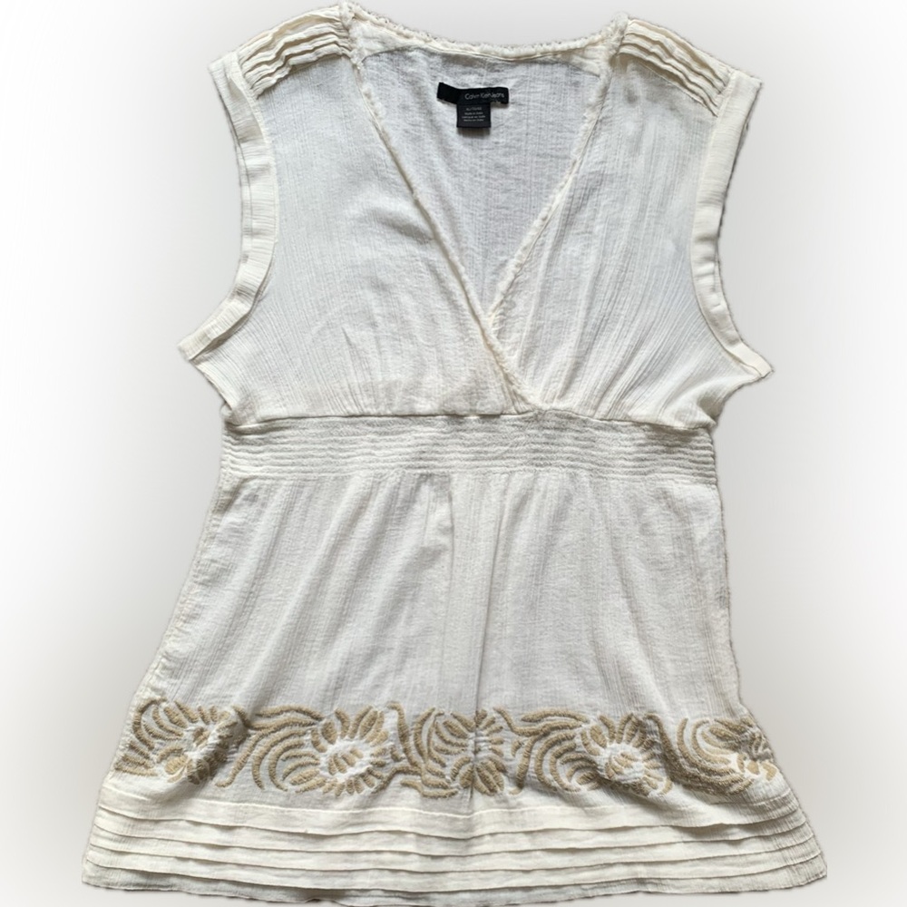 CALVIN KLEIN beige surplice blouse with elastic waste, size xl